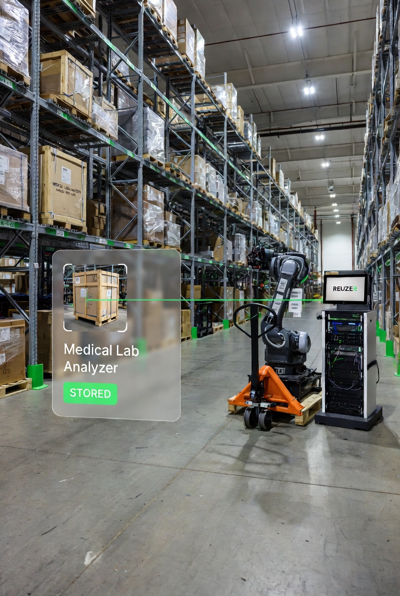 Secure warehouse of complex inventory with an item-level portal card showing a stored medical lab analyzer