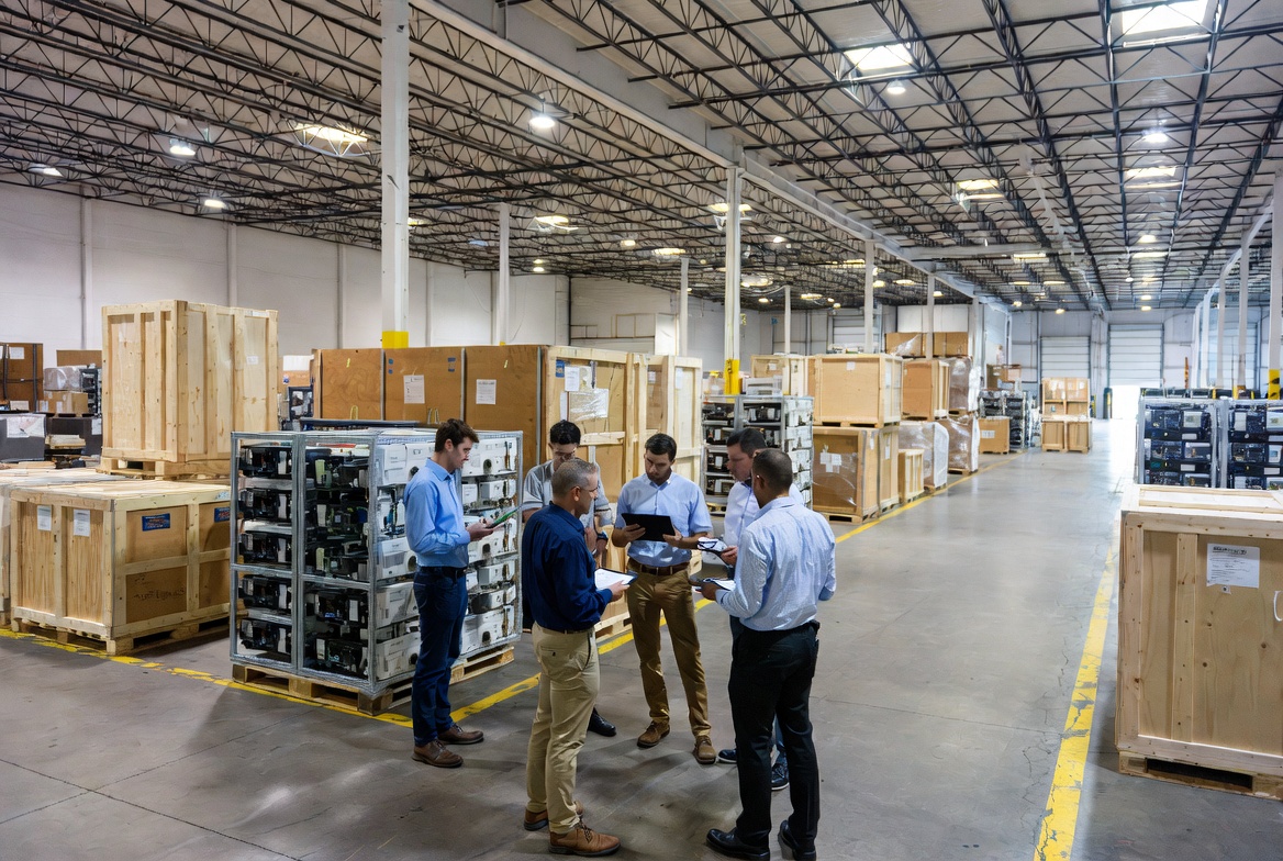 A REUZEit team inspecting crated, serialized and technical inventory in a managed warehouse