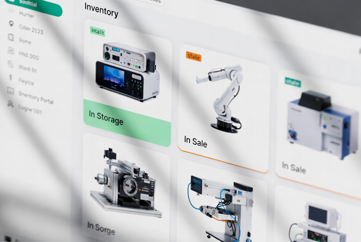Smart inventory portal dashboard: item cards showing each item's photo, status (In Storage / In Sale) and location
