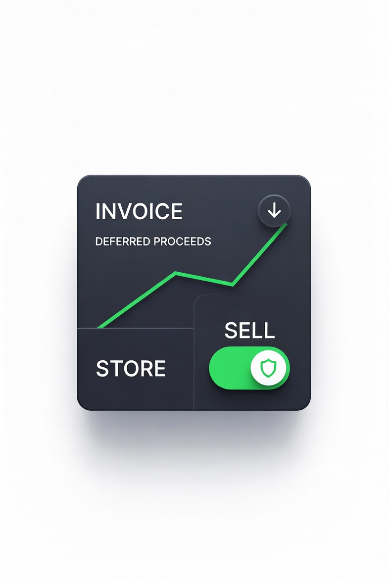 Portal control flipping an item from Store to Sell, with the invoice paused and deferred proceeds accruing