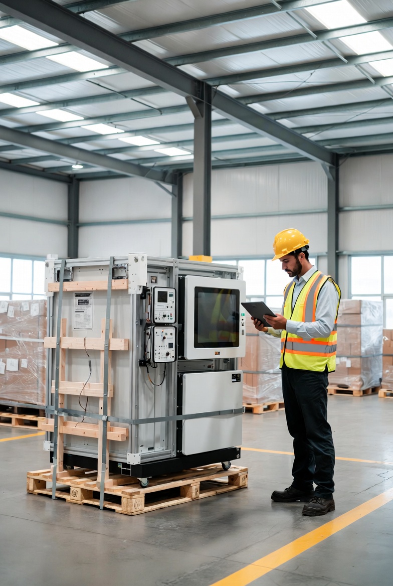 A technician reviewing a secured, crated technical machine on a tablet — nothing moves without approval